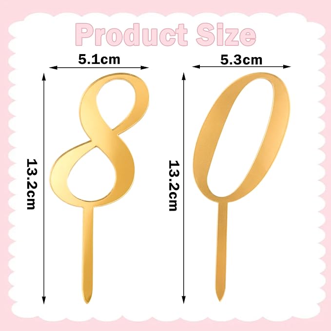 Gold Mirror Acrylic 80 Cake Topper Number 80 Anniversary Cake Decor Elegant Cake Decoration for 80th Birthday Party Celebration Supplies