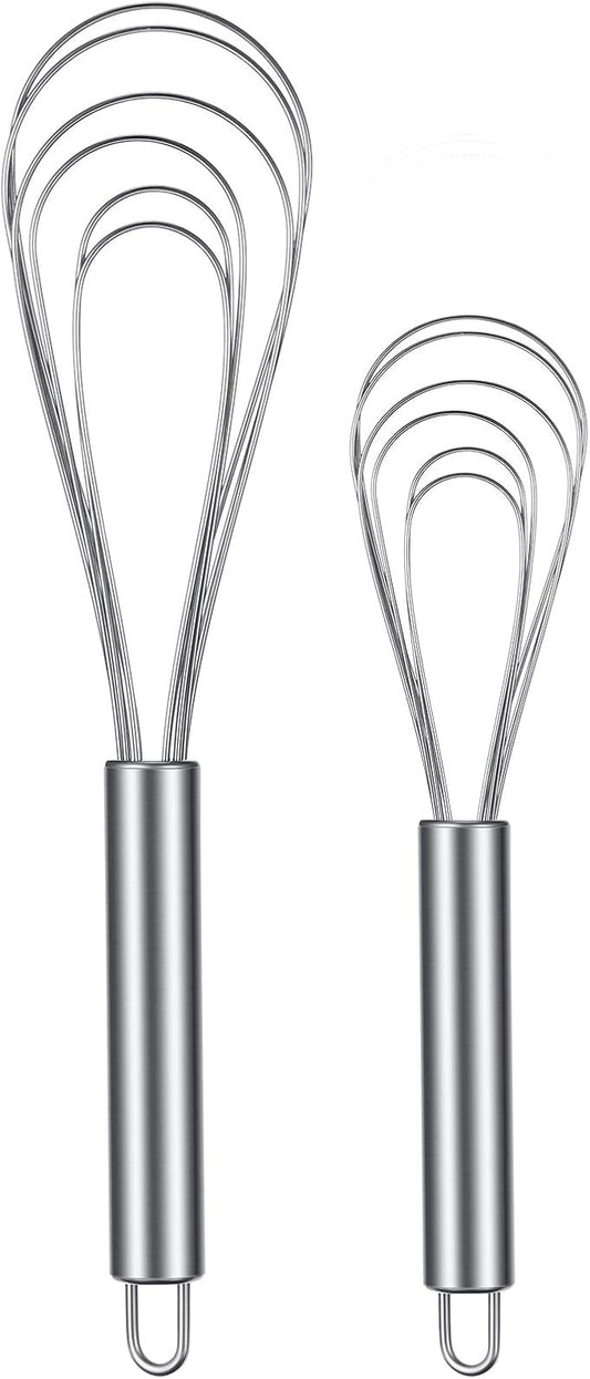 Patelai 2 Pcs Flat Whisk Set Stainless Steel 8" and 10" Flat Wire Egg Whisk Dishwasher Portable for Kitchen Cooking Sauce Blending Beating Stirring Mixing
