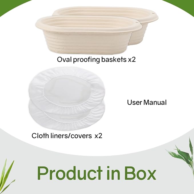 2 x 10inch Oval Sourdough Banneton Pulp Bread Proofing Basket with Linen Liners for Professional and Homemade Artisan Bread Baking Supply