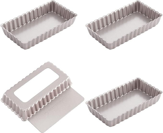 CHEFMADE Mini Rectangle Tart Pan Set, 2x4-Inch 4Pcs with Removable Loose Bottom Non-Stick Oblong Quiche Bakeware for Oven and Instant Pot Baking (Champagne Gold)