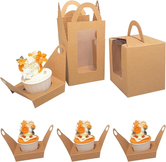 Bakepacker Individual Cupcake Boxes with Window 100 Count Brown Single Cupcakes Box 3.6"X3.6"X4.3" Cupcake Carrier