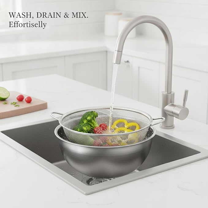 Stainless Steel Mixing Bowl Set with Nested Strainer for Washing, Draining, and Food Prep