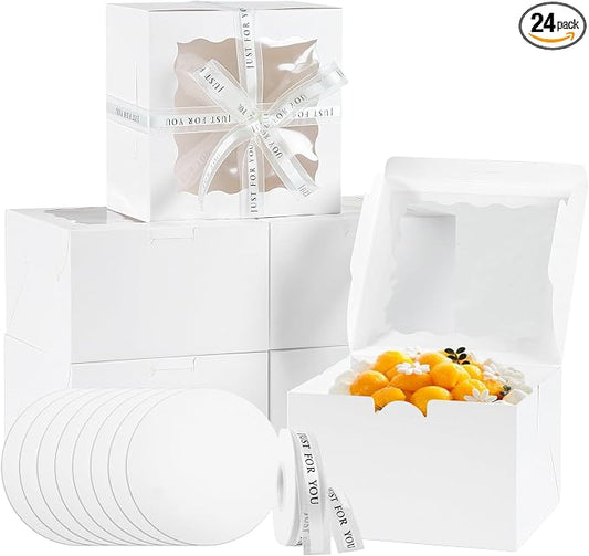 48PCS 9x9x5 Inches Cake Boxes with Window(24 Boxes &24 Boards) , White Bakery Dessert Boxes,Cajas Pasteles for Cake, Cake Carrier Container for Valentine's Day, Mother's Day, Birthday(9*9*5inch/24pcs)
