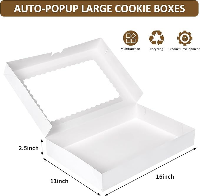 Moretoes 30pcs Cookie Boxes, 16x11x2.5 Inches Auto-Popup Bakery Boxes with Window for Pastries, Pies, Muffins, Chocolate Covered Strawberries