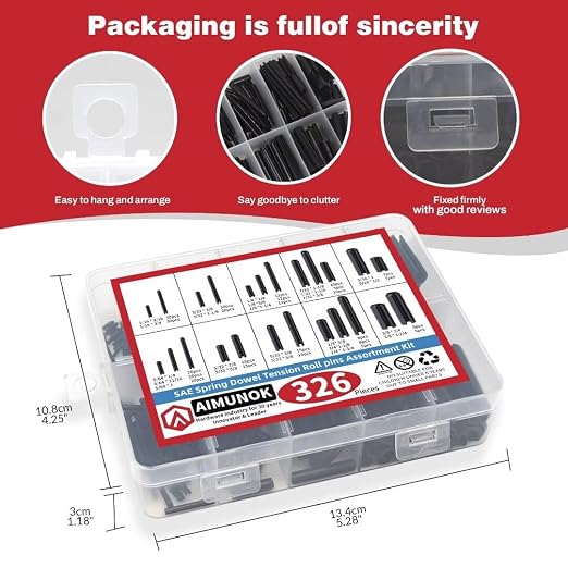 326PCS Roll Pin Set - 24 Sizes Spring Dowel Tension Roll Pins - 1/8 1/4 3/8 1/16 5/64 3/32 5/16 5/32 7/32 Split Expansion Pin Assortment Kit for Home Improvement