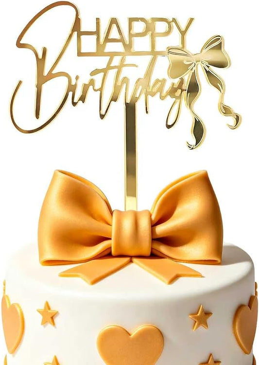 Golden Bow Happy Birthday Cake Topper Mirrored Acrylic Happy Birthday Cake Plugin Party Sign Decoration