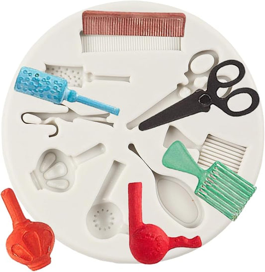 Hairdressing Silicone Mold Hair Cutting Tools Fondant Molds Scissors Comb Mirror Hair Dryer Molds for Cake Decoration Cupcake Topper Candy Chocolate Sugar Craft Polymer Clay Gum Paste