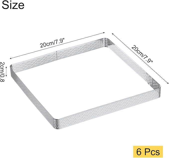 uxcell Square Perforated Cake Rings 7.9 x 7.9 Inch Stainless Steel Cake Pastry Mousse Ring Molds for DIY Cake Dessert Mousse Pastries Baking, Silver Tone