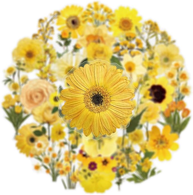 Yellow Chrysanthemum Stickers - 50PCS Vintage Dried Floral Stickers Waterproof PET Aesthetic Decals for Journaling, Scrapbooking, Water Bottles, Laptops, Perfect for Plant Lovers & Craft Enthusiasts
