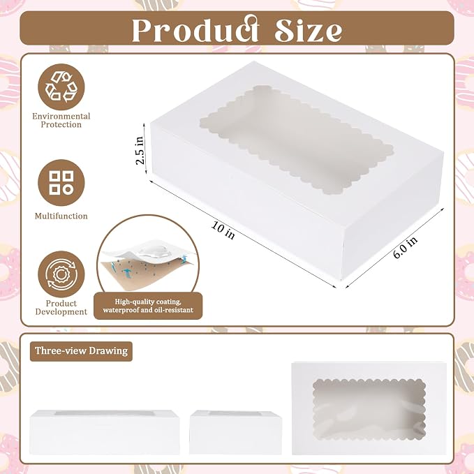 24 Pack Bakery Boxes,10x6x2.5 Inches Cookie Boxes with Window for Gift Giving, White Treat Packaging Boxes for Pies, Treats, Chocolate, Muffins, Donuts, Pastries, Cupcakes