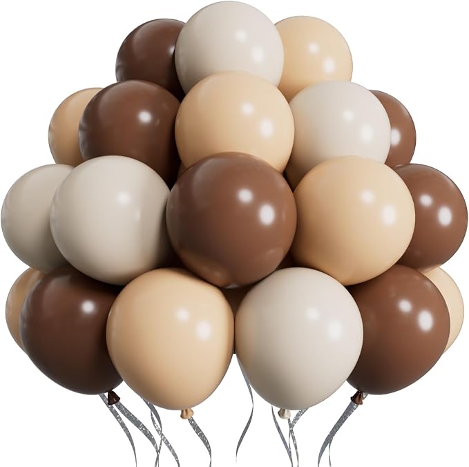SUWEN Brown Balloons 60Pcs,12 inch Dark Light Brown and Sand White Latex Balloons for Boho Neutral Birthday Thanksgiving Teddy Bear Party Decorations
