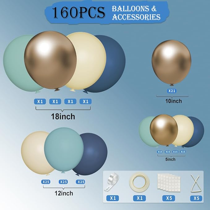 Dusty Blue Yellow Gold Balloon Garland Arch Kit, 160Pcs Boho Retro Blue Pastel Blue Macaroon Yellow Metallic Gold Balloons for Baby Shower Birthday Wedding Party Decoration