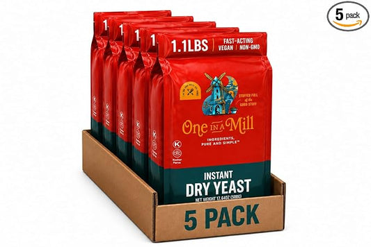 One in a Mill Instant Dry Yeast | 1.1 LBS (5 Pack) 500 Grams Each [IMPROVED] Fast-Acting Vegan Non-GMO Yeast for Baking Bread, Cake, Pizza Dough Crust | Kosher | Quick Rapid Rise Leavening Agent for Pastries