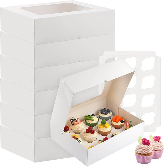 Cupcake Box, Disposable Cupcake Container Bulk, Auto-pop up, 6 Pcs, White | Cupcake Holder Holding 12 Count Cupcakes, Cupcake Carrier with Window, Easy To Assemble, Transport and Store Cupcake, Sturdy