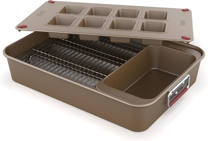 Elbee Home 8-Piece Nonstick Space Saving Bread Baking Pan Set - Includes Large Roasting Pan - Bread Loaf Pan - Baguette Pan - Cooling Rack - 8-Cavity Mini Loaf Pan Aluminized Steel - PFOA & PFOS Free
