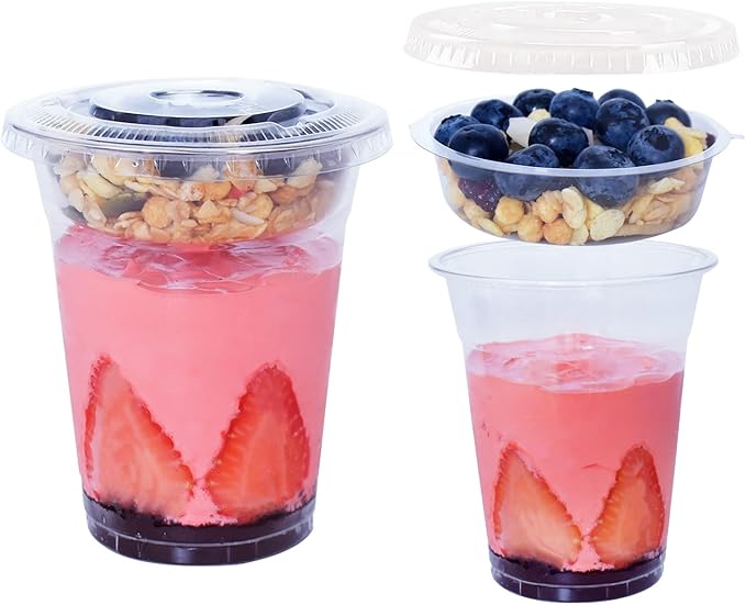 50 Sets 12 oz Clear Plastic Cups with Insert & Flat Lids(NO HOLE) - Disposable Parfait Cups with Lids for Fruit Yogurt Smoothie Iced Cold Drinks Dips and Veggies, No Leaking