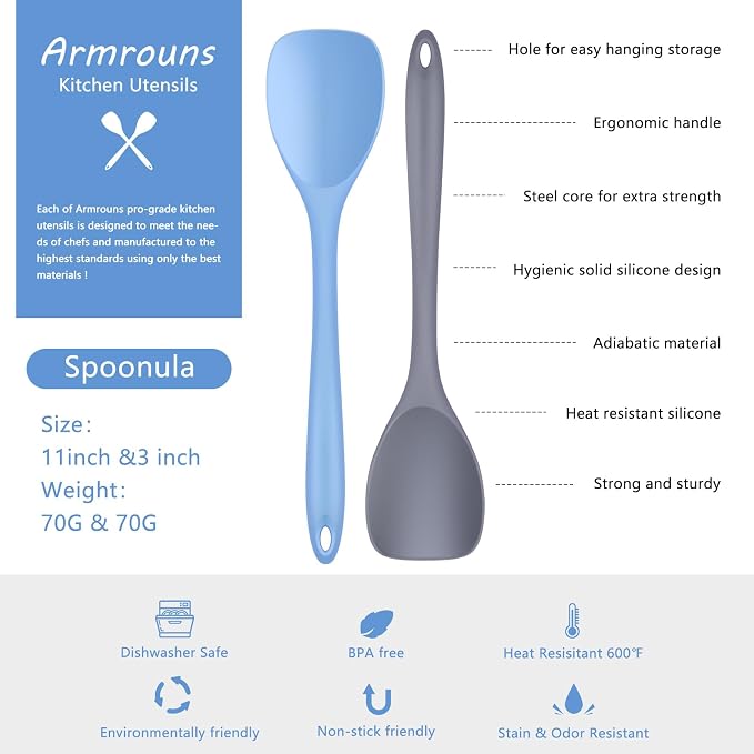Silicone Spatula Spoon 2-Pack, Rubber Spoonula set Heat Resistant, Seamless Non-Stick Scrapers for Baking Mixing.