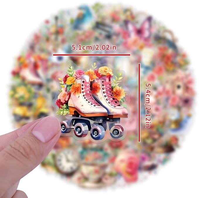 50Pcs Vintage Vogue Watercolor Floral Animal Stickers,PET Transparent Waterproof Girlish Style Sticker Decorative, for Journaling, Decoupage,Planners,laptops,Phone Case,DIY Gift Card Making(Floral)