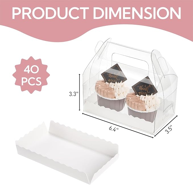 Clear Gable Bakery Gift Box,40 Pack, Handles, Party Favor | Candy Treat Boxes, Treat Dessert Cookies Container for Birthday Wedding Baby Shower, 6.4''L x 3.5''W x 3.3''H