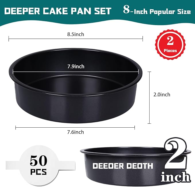 8 Inch Cake Pan Set for Baking - 2 Round Cake Pans with 50 Pieces Parchment Paper, Nonstick Deeper Circle Cake Baking Pans Sets for Baking-Black