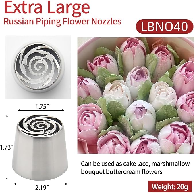Extra Large Russian Piping Tip Set - 6 Stainless Steel Marshmallow Buttercream Framing Nozzles for 3D Roses Tulip Cake Decorations and Marshmallow Bouquets, Includes 1 Cleaning Brush(6B)
