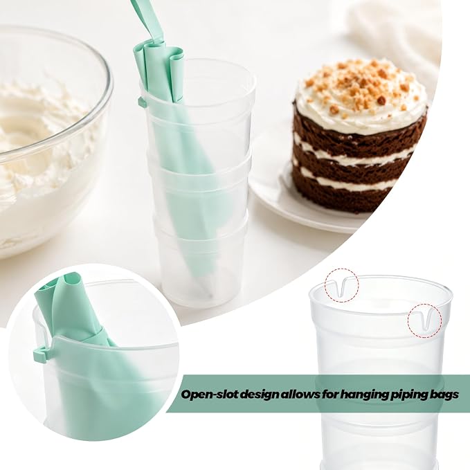 Piping Bag Holder, Plastic Cream Icing Bag Stand With 2 Reusable Silicone Icing Pouches, 6 Tips, 2 Couplers, 3 Cake Spatulas, 2 Tie Straps - Stackable For Cake Decorating And Cream Filling