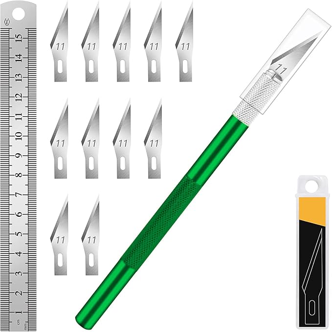 DIYSELF Craft Knife with 10 Extra #11 Blades, Precision Hobby Knife Set with Steel Ruler, Exacto Knife for Crafting, Polymer Clay, Pottery, Paper, Vinyl, Stencil & Model Making (Green)