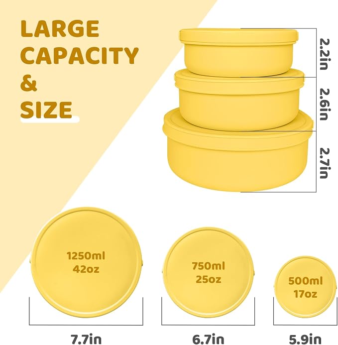 Silicone Food Storage Containers Bowl, Set of 3 Reusable Silicone Tupperware Bento Lunch Snack Box Containers with Lids (17oz, 25oz, 42oz) Dishwasher, Microwave and Freezer Safe (Bright Yellow)