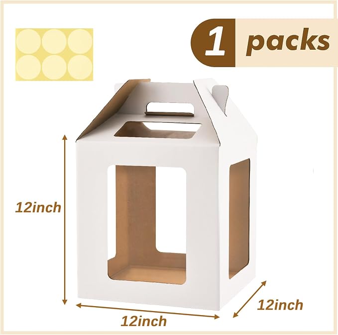 Tall Cake Boxes 6 Windows with handle,12x12x12 Tall Cake Carrier, Tiered Cake Box, Square cake box,largeTake Out Transport Containers Ideal for 10" & 12" Tiered Cakes (1Pack-White)