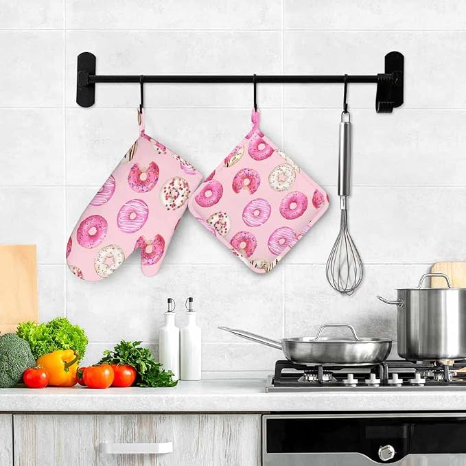 Mxocom Watercolor Donuts Silicone Oven Mitts and Pot Holders Sets Pink Donuts Background BBQ Gloves for Kitchen,Cooking,Baking,Grilling