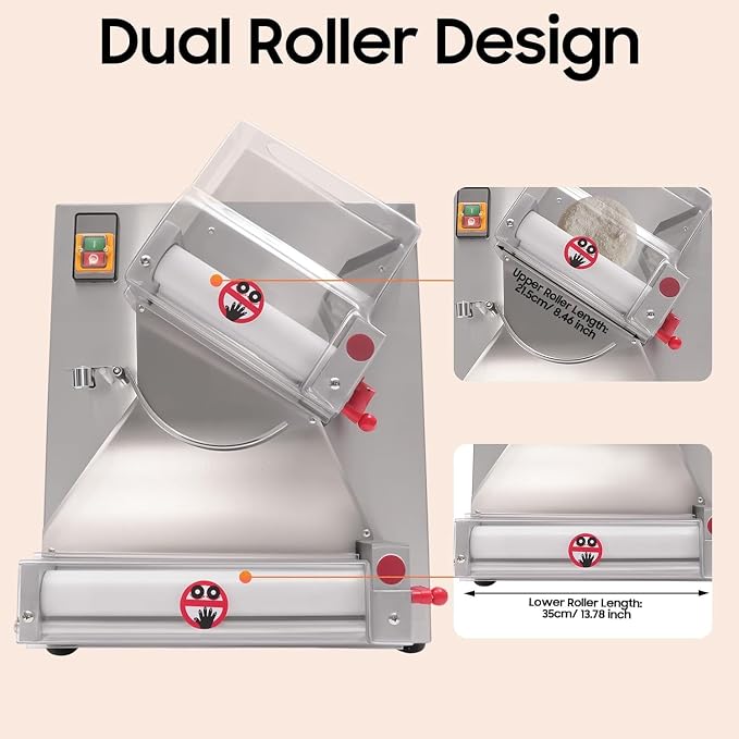 4-12" Pizza Dough Roller Sheeter, 110V 370W Automatic Stainless Steel Pizza Press Dual Rollers Press Machine Adjustable Thickness Pastry Sheeter w/Cover for Pie Crusts Pita Breads Tortillas