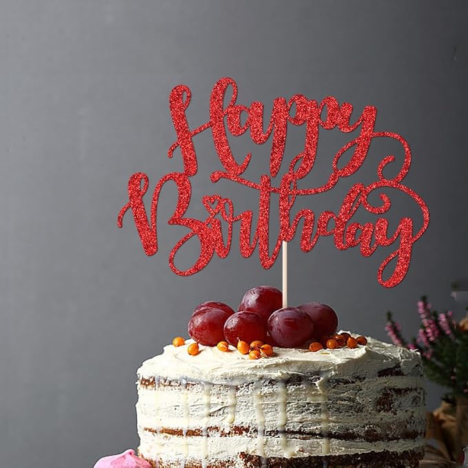 Handmade Glitter Happy Birthday Cake Topper,Birthday Party Cake Decorations, Anniversary/Birthday Party Decoration Supplies (Red)