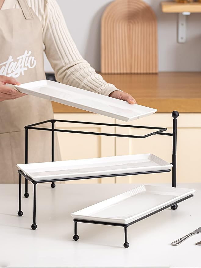 Kanwone 3 Tiered Serving Stand - White Porcelain Platters, 14.5" x 6" Tier Serving Trays for Entertaining, Dessert Stand
