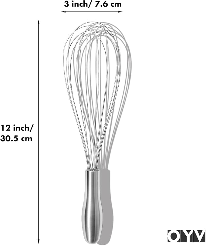 OYV 12" Whisk for Cooking, Ergonomic Handle, Dishwasher Safe 18/10 Stainless Steel Whisk, Professional Kitchen Wire Whisk, Perfect for Blending, Whisking, Baking, and Beating