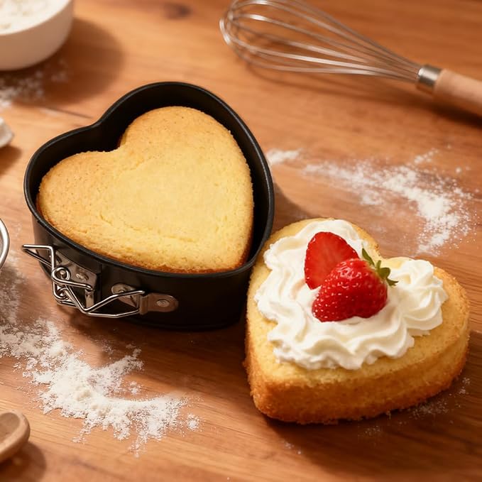 Heart Springform Pans 4 Inch, Set of 4 Mini Cheesecake Pans, Nonstick | Removable bottom, Spring latch release, Carbon steel with nonstick coating, Oven safe 445F, Hand wash recommended