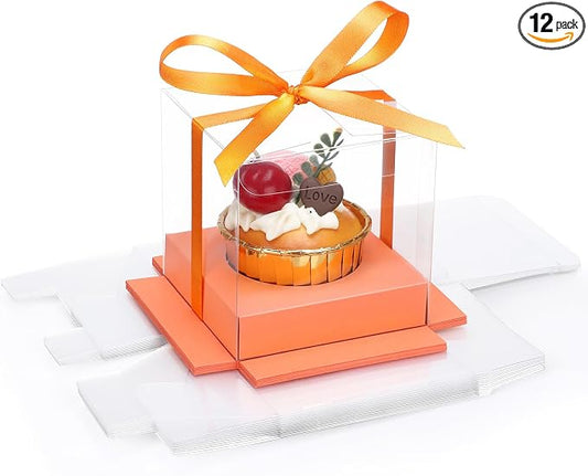 EUSOAR Individual Cupcake Boxes, 12 Pack 3.5 Inch Transparent Dessert Pastry Muffin Cupcake Containers with Inserts and Ribbon, Muffins Gift Holder Mini Cake Carrier for Wedding Party Favor Bakery