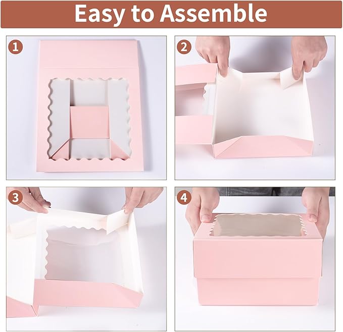 50 pcs 8x8x2.5 Inches Pink Bakery Boxes with Window, Cake Pastry Cookie Mini Pie Box for Pastry,Dessert,Strawberries,Chocolates (Pink)