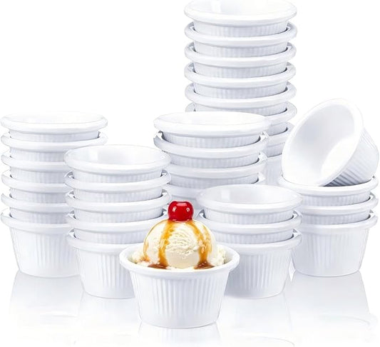 24 Pcs Ramekins 2 oz Ceramic Ice Cream Cups Oven Safe Ramekin Sauce Creme Brulee Fluted Tiny White Melamine Dipping Bowl Custard Condiment Charcuterie Bowls Round Tart Pan for Kitchen