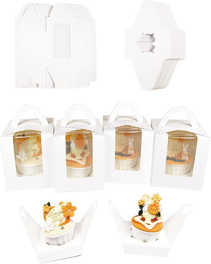 Bakepacker Individual Cupcake Boxes with Window 60 Count White Single Cupcakes Box 3.6 X 3.6 X 4.3inch Cupcake Carrier