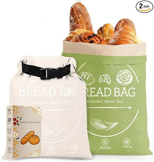 2 Pack Bread Bags for Homemade Loaf (17" x 13") - XL Reusable Sourdough Keeper to Keep Fresh, Pure Cotton Beeswax Lining, Food Storage Bag with Instructions on Gift Box (Khai& Green)