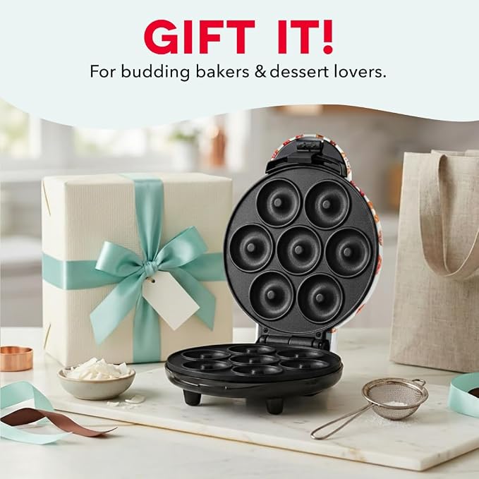 Dash Mini Donut Maker Machine for Kid-Friendly Breakfast, Snacks, Desserts & More with Non-stick Surface, Makes 7 Doughnuts, Donut Print