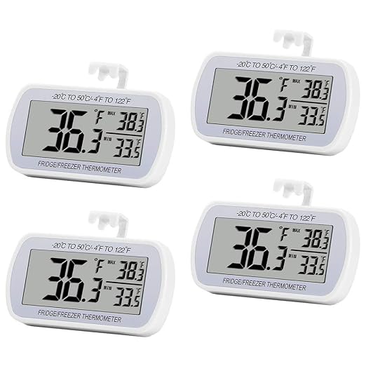 4 Pack Digital Refrigerator Thermometer Fridge Freezer Room Thermometer Waterproof Large LCD Display Max/Min Record Function, White
