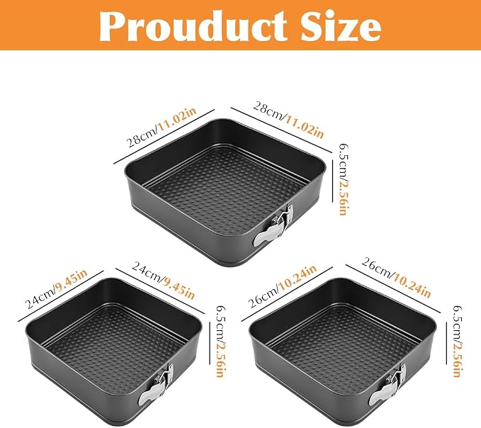 Set of 3 Springform Cake Tins Heavy Duty, Double Layer Non-Stick Coating, Removable Base, Heavy Duty Carbon Steel, Perfect for Frozen Desserts - Oven Safe Bakeware(SIZE:square)