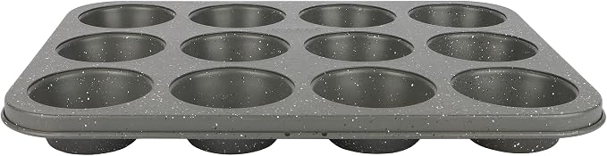 David Burke 12-Cup Muffin Pan, Carbon Steel, PFTE & PFOA Free, Oven Safe, Diamond Textured Surface – Gray Speckle