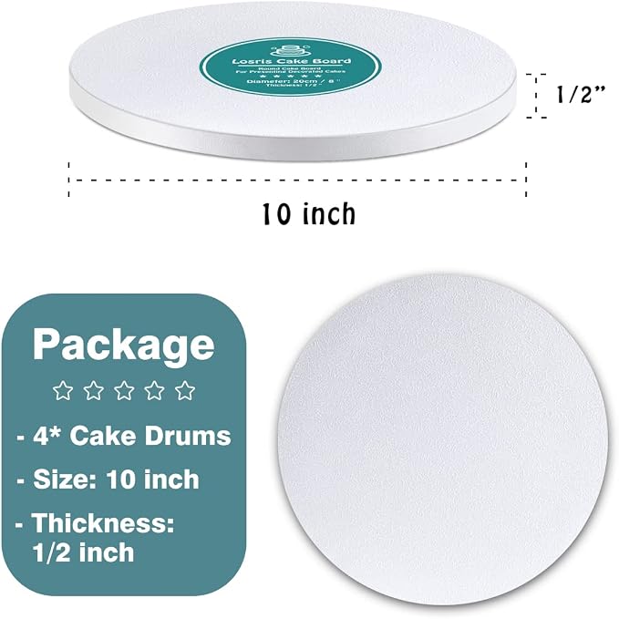 White Cake Drums Round 10 Inch Cake Boards with 1/2-Inch Thick Smooth Edges for Multi Tiered Birthday Wedding Party Cakes Drum Board (4PCS)