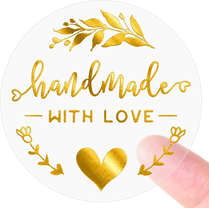 100PCS Handmade with Love Stickers, Transparent Gold Foil Labels for Boutique Small Business Packaging, Elegant Gift Wrapping Seals for Candle Bakery Soap Handmade Orders, 1.6"
