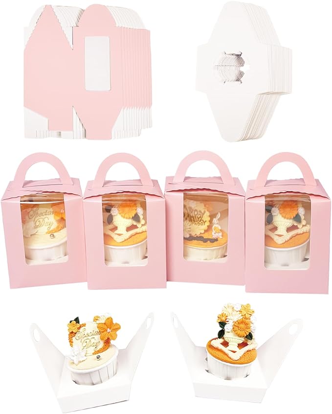 Bakepacker Auto-pop up Individual Cupcake Boxes with Window 60 Count Pink Single Cupcakes Box 3.7 x 3.7 x 4.3inch Cupcake Carrier