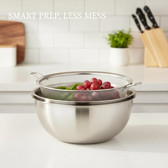 Stainless Steel Mixing Bowl Set with Nested Strainer for Washing, Draining, and Food Prep