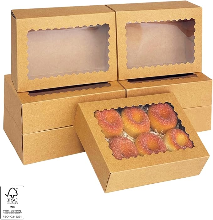 qiqee Auto-pop up 9x6x2.5 Inch Brown Cookie Box with Window 30Pcs Pastry Macaron Bakery Box For Packaging