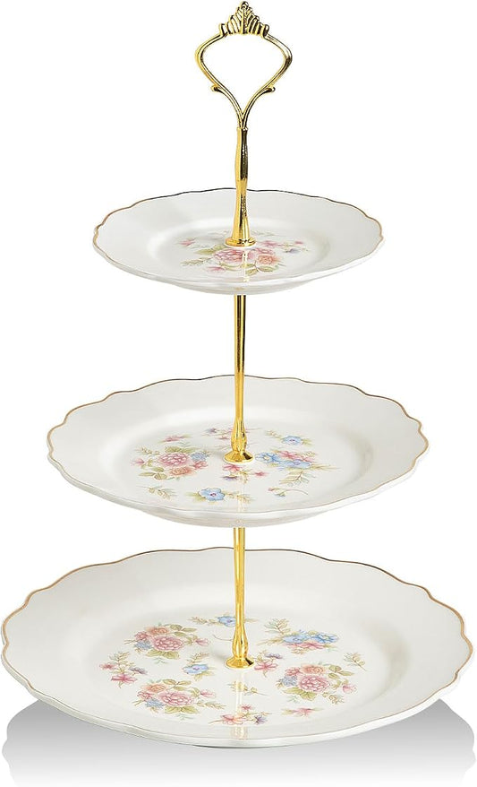 Sweejar 3 Tier Ceramic Cake Stand Wedding, Dessert Cupcake Stand for Tea Party Serving Platter(Small Flower)
